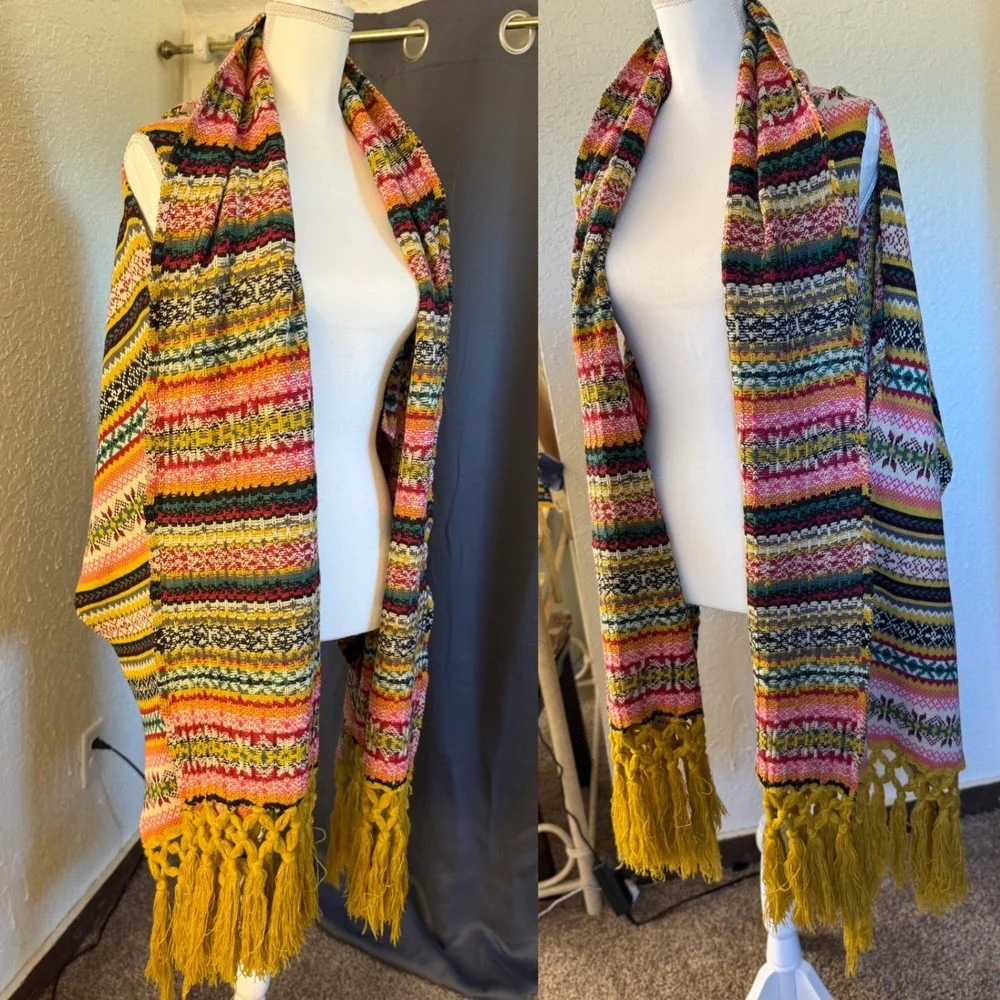 Ivy Jane Multi Color Fair Isle Knit Poncho Wrap Tassel‎ Fringe One Size